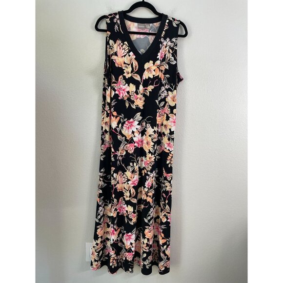 Chicos Womens Large Floral Butterfly Sleeveless V Neck Midi Dress Stretch - Picture 1 of 9